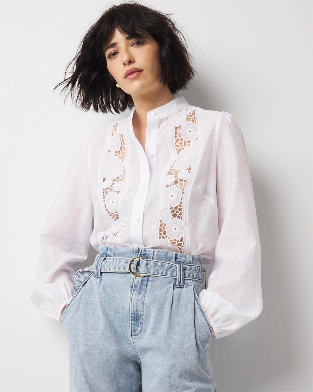 【Raucohouse】Vina sheer check wrinkle shirt WHBM_LS Floral Cutwork